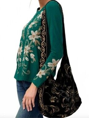 Johnny Was Embroidered Black Velvet Hobo Bag/tote- $378, Elegant Floral Accent